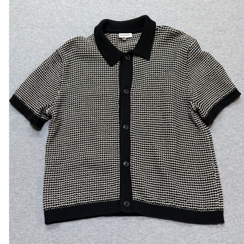 Banana Republic Mens XL Black White Resort Waffle Knit Button Front Polo Shirt